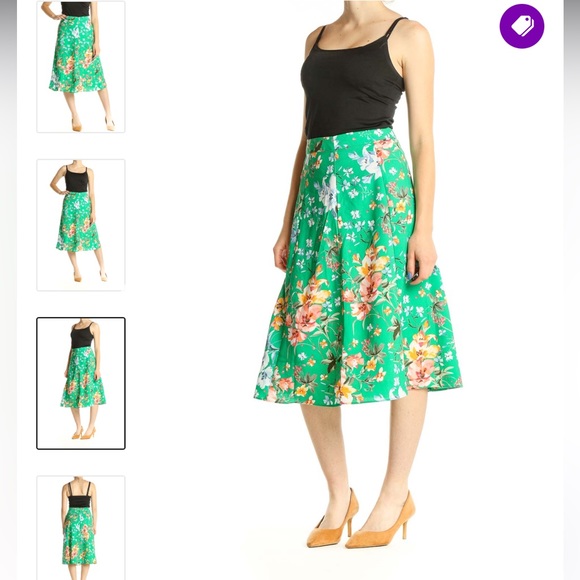 LOFT Green Floral Print Holiday Flared Skirt size 2 - Picture 3 of 9